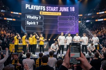 Photorealistic arena scene at IEM Cologne 2026 with a large LED bracket reading Playoffs