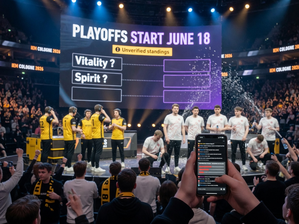 Photorealistic arena scene at IEM Cologne 2026 with a large LED bracket reading Playoffs